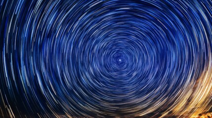 Captivating Night Sky with Star Trails Creating a Circular Motion Effect Over a Scenic Landscape Under a Midnight Blue Atmosphere