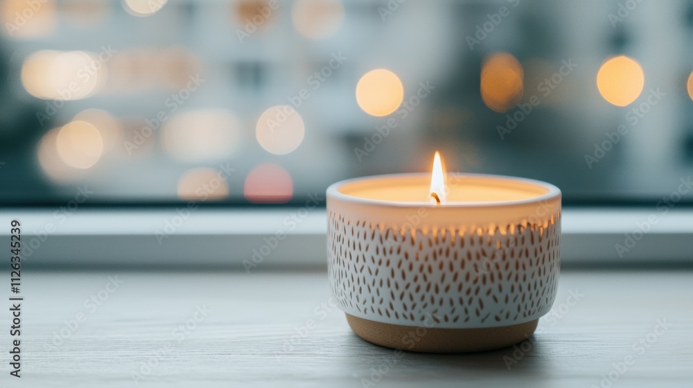 Aufkleber burning scented candle creating cozy atmosphere by window in blurred city background