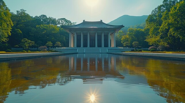 Serene Asian Pavilion Reflecting in Calm Water Lush Greenery