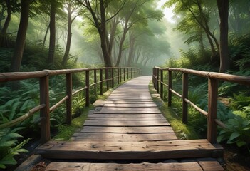 Obraz premium Idyllic wooden bridge pathway in a verdant forest setting, green foliage, forest scenery, lush vegetation, wooden track