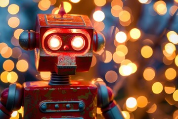 Vintage robot with glowing red eyes and colorful lights stands out against a backdrop of soft, blurred bokeh at a nighttime event