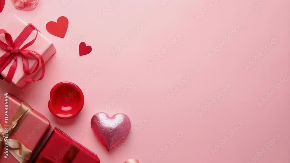 Poster a pink background with a pink ribbon and a pink box with a red ribbon. the boxes are arranged in a w
