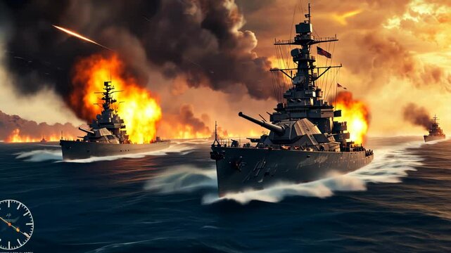 Naval battle with warships engaged in dramatic combat under a fiery sky