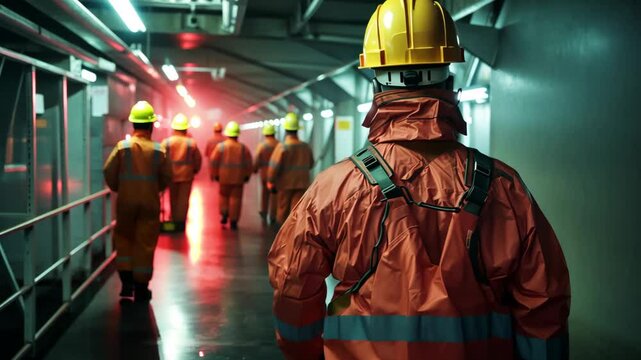 Workers in safety gear navigating a dimly lit industrial corridor during a nighttime shift