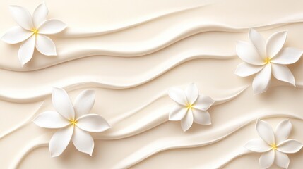 Beautiful white flowers on a soft cream background with flowing patterns