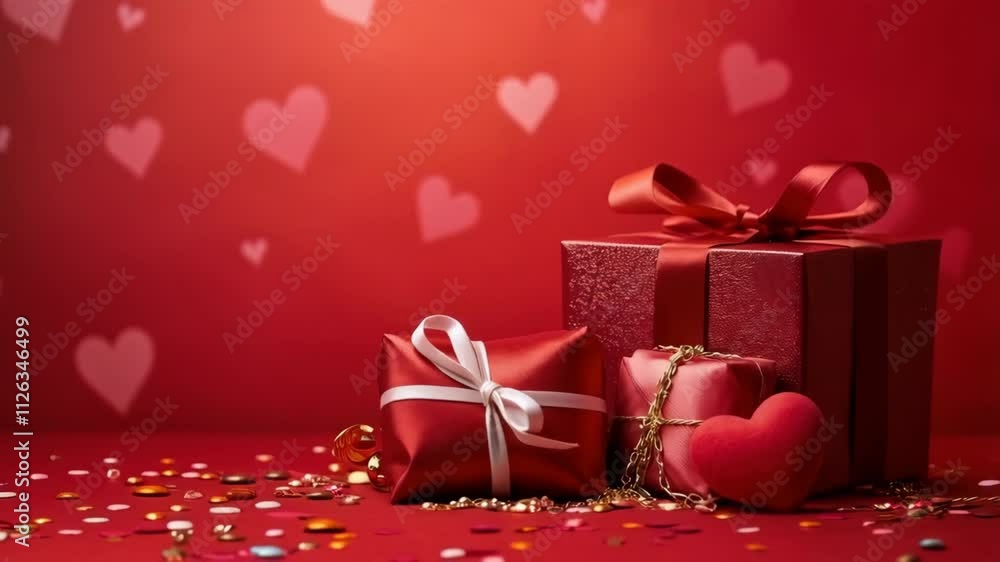 Poster a red background with many hearts and a red box with a white bow on top. the box is a gift and the h