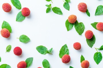 Vibrant arrangement of lychee fruit and fresh mint leaves on a white background