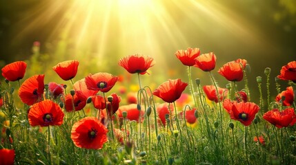 Fototapeta premium Vibrant Red Poppies Blooming in a Lush Green Field Under a Glowing Sun with Rays Shining Through the Soft Natural Scenery of Spring in a Rural Landscape