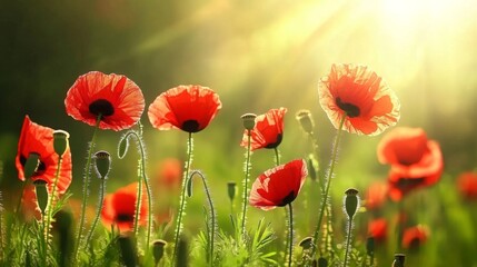 Fototapeta premium Vibrant Poppy Flowers Blooming in Sunlight with Soft Green Background Creating a Peaceful and Serene Natural Atmosphere Ideal for Spring and Summer Themes