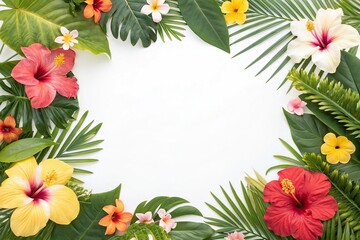 Fototapeta premium Tropical floral background with bright colored flowers and leaves, tropical floral, bright colors, floral patterns, garden scene, plant life
