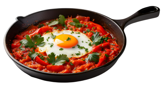 A skillet of shakshuka with a fried egg, red peppers and parsley. isolated on a transparent background.