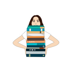 A young woman carrying a stack of books. Pile of textbooks. Education, study and literature concept. World book day. Vector illustration