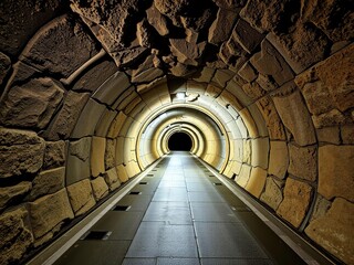 Vast underground tunnel with a metallic and stone finish, contemporary architectural style, metal...