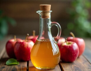 Corked up bottle of apple cider vinegar standing on a wooden table, ripe red apples placed on both sides.  Apple vinegar health benefits concept