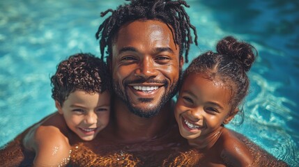 Joyful moments of a father with his children enjoying a sunny day at the pool