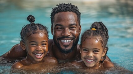 Joyful moments shared between a smiling father and his two daughters in a sunny pool setting on a warm afternoon