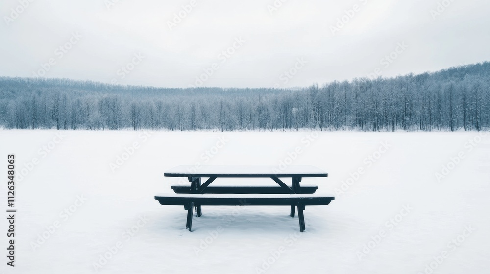 Poster snow covered picnic table in a tranquil winter landscape with frozen lake and forest