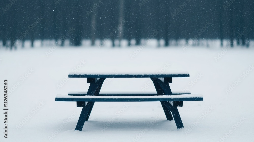 Poster snow falling on empty picnic table in winter landscape