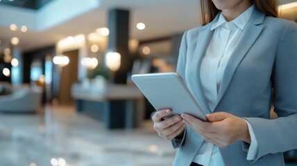 Hotel lobby, concierge and Business woman using a digital tablet for online bookings guest service and reservation hospitality website for job, work receptionist for efficient communication
