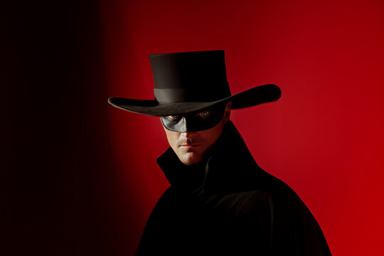 Intricately designed zorro mask highlighted against a vibrant red backdrop, showcasing dramatic character and a sense of mystery