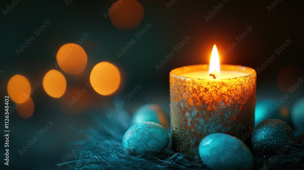 Aufkleber flickering lights and colorful eggs create a serene atmosphere in an enchanting candlelit setting