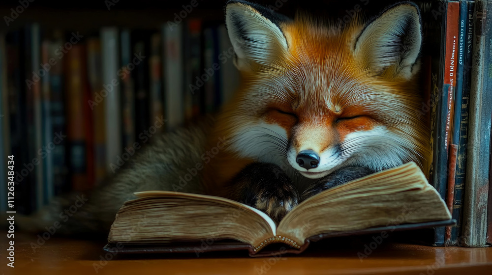 Poster a fox appears relaxed, nestled against an open book while surrounded by numerous books on shelves, c