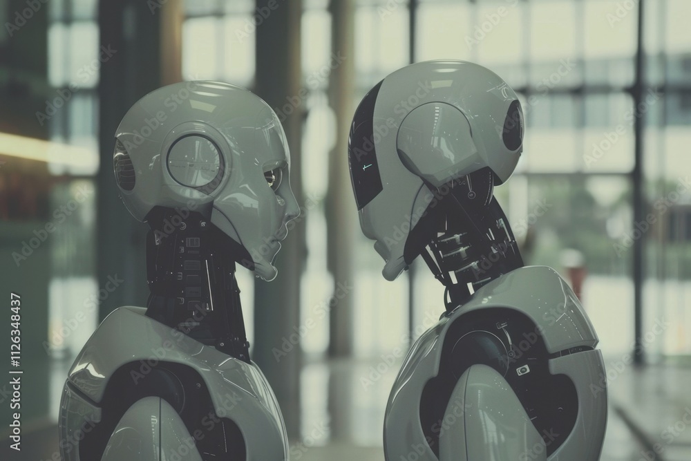Aufkleber Robots in close proximity exhibiting advanced designs and contrasting colors in a modern environment with yellow backdrop