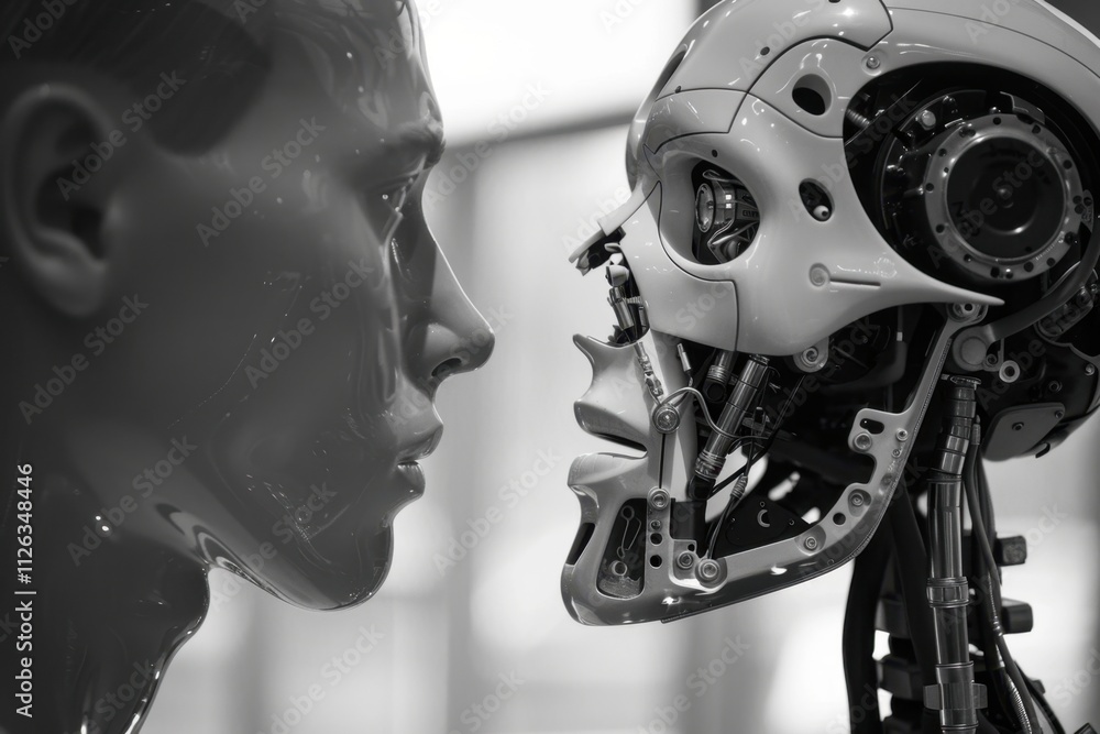 Aufkleber Robots in close proximity exhibiting advanced designs and contrasting colors in a modern environment with yellow backdrop