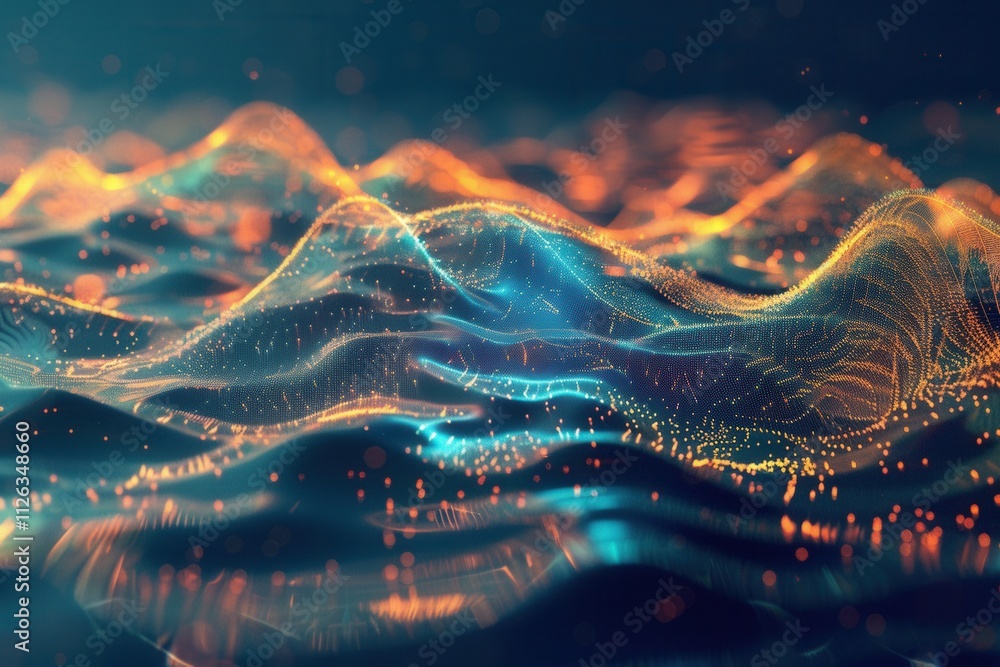Poster Abstract representation of flowing digital waves with luminous particles in a dark background
