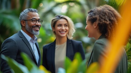 Joyful conversations among friends in a lush tropical garden during a sunny afternoon