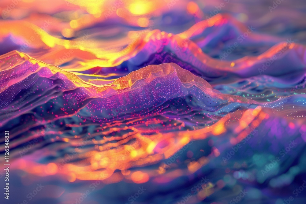 Poster Abstract representation of flowing digital waves with luminous particles in a dark background