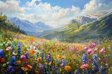 Colorful wildflowers bloom under soft sunlight in a serene meadow during springtime, creating a picturesque and tranquil landscape filled with vibrant colors