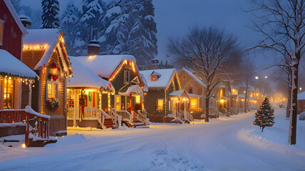 A peaceful snowy street with cottages adorned in colorful Christmas lights
