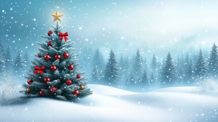 Obraz premium Festive winter landscape featuring a beautifully adorned Christmas tree amidst a snowy forest at twilight. Banner, greeting card, poster