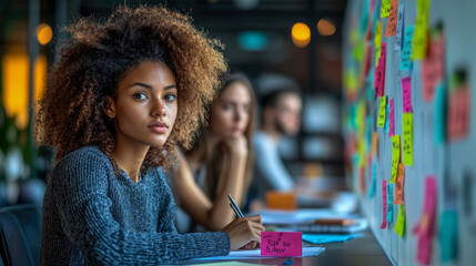 Fototapeta premium A young woman with curly hair focuses intently on her notes during a collaborative brainstorming session in a contemporary office environment