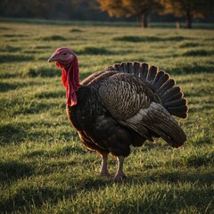 A turkey walking in a farm field.