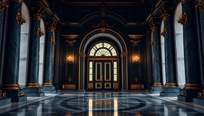 Obraz premium Luxurious Dark Teal and Gold Hallway with Ornate Architecture