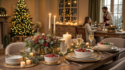New Year's mood, fruits in a beautiful vase, night lights, New Year tree and a beautifully decorated table, high quality realistic photo