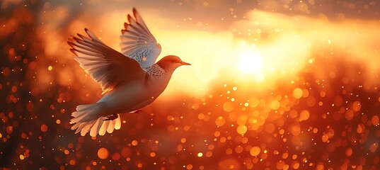 Obraz premium White dove takes flight toward bright golden sunlight in a richly textured, warm environment.