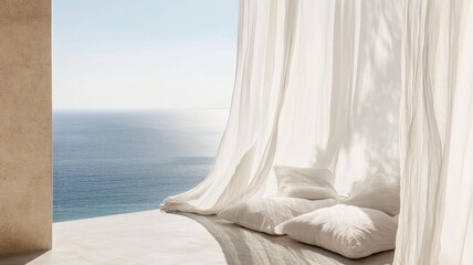 Naklejka na ściany i meble Soothing sea view terrace with white sheer linen curtains and cushions creates a peaceful retreat outdoorwith ocean view