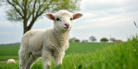 Obraz premium Cute lamb on the green lawn