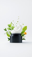 A jar of cream is surrounded by green leaves and flowers