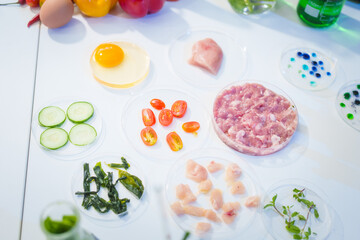 A modern research lab focused on plant genetic engineering, enhancing food and meat production. The lab is equipped with advanced cameras, capturing experiments and innovations.No people are present
