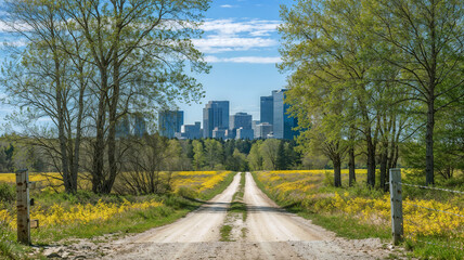 Fototapeta premium Peaceful Countryside Path Leading to a Modern City Skyline – Urban and Rural Harmony