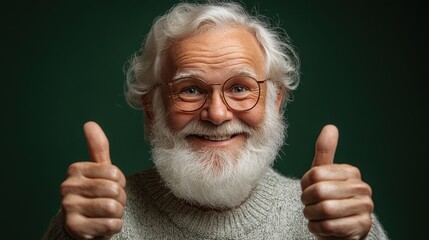 Joyful elder giving two thumbs up in cozy knit sweater against dark green background, radiating happiness and warmth