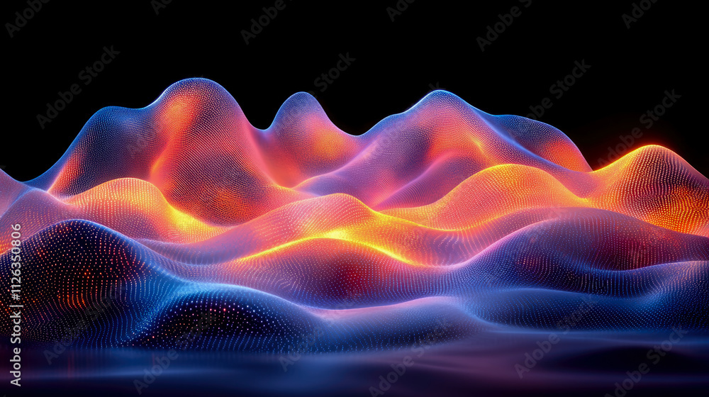 Poster vibrant waves of light in hues of orange and blue form captivating patterns against a dark backdrop,