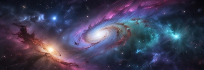 Fototapeta premium Iridescent galaxy background with swirling stars and nebulas, shimmering lights, iridescent colors