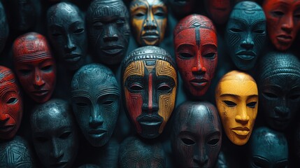A collection of traditional African masks intricately designed, showcasing diverse patterns and vivid colors. The masks reflect cultural heritage, arranged in a mesmerizing, artistic pattern.