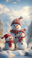 Obraz premium Joyful snowmen celebrating winter in a serene snowy landscape with mountains in the background during daylight