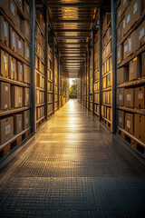 Fototapeta premium Neatly arranged cardboard boxes line a long storage hallway, glowing warmly in the late afternoon sunlight filtering through the opening